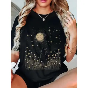 Floral Black Cat Moon Halloween Cottagecore Aesthetic T-Shirt