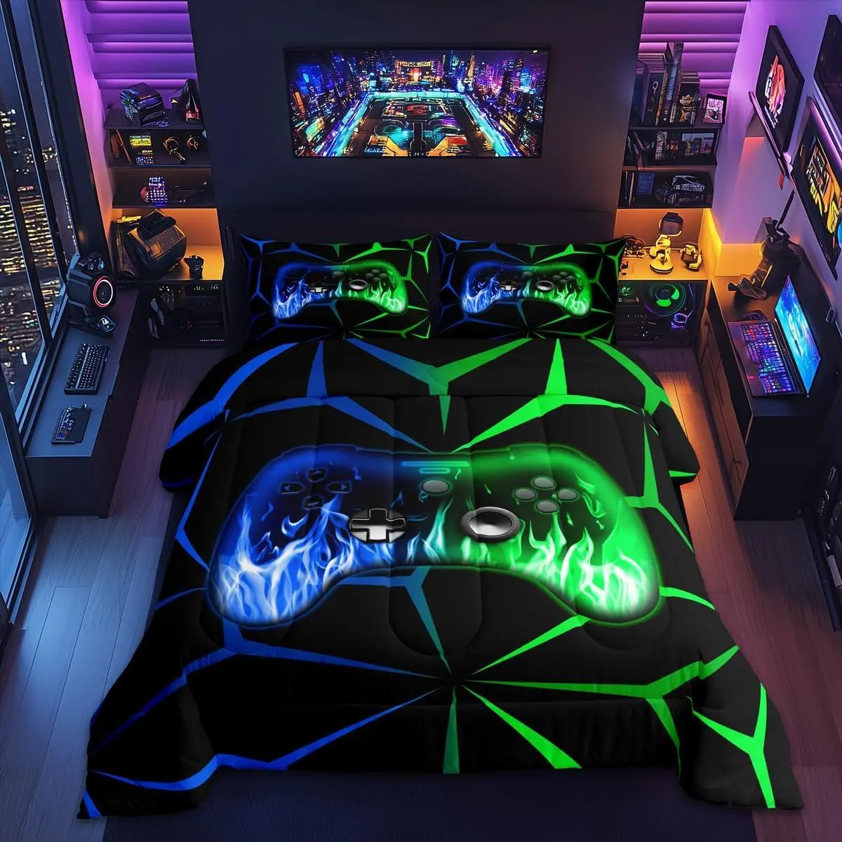 Feelyou Sohochic Gamer Comforter Set - 3D Video Gaming Bedding with Controller Print, Green & Blue Geometric Design, Multi-Size Year-Round Bedroom Decor for Game Lovers (Includes Core Bedding Pieces)