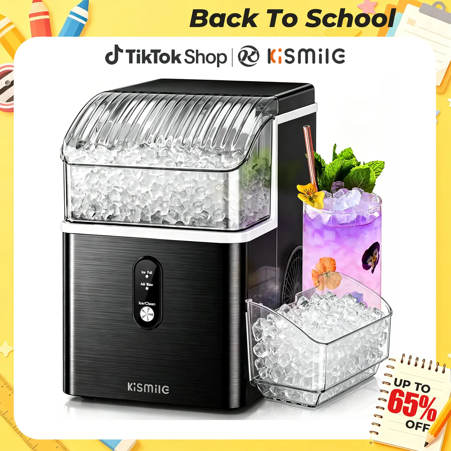 Back To School - Kismile Countertop Nugget Ice Maker, 35Lbs/24H Fast Ice Making, 7 Mins Quick First Ice, Self-Cleaning Pebble Ice Machine with 1.2L Water Tank, Portable Ice Maker for Home Kitchen Office Bar, Black,home essentials