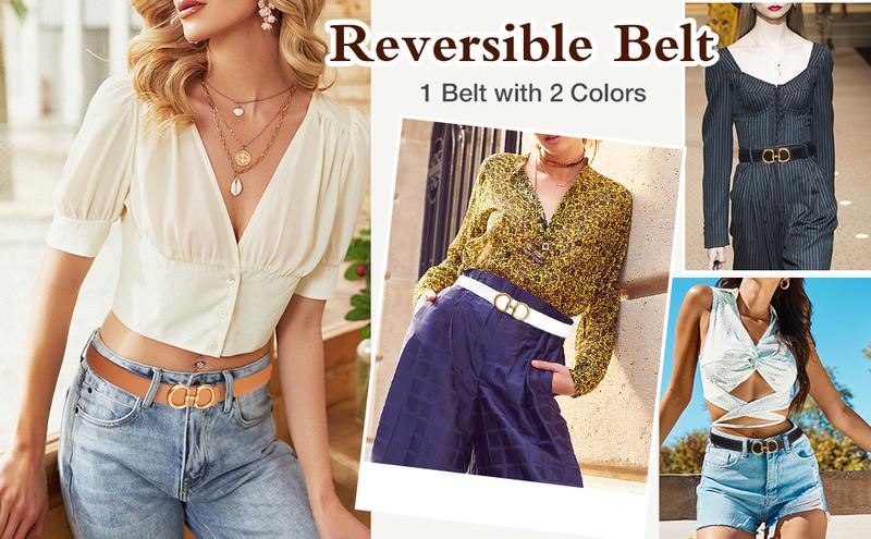 Elegant Reversible PU Leather Belt for Women Accessories Two-in-One Women Fashion Vintage PU Leather Belt for Jeans Dress with Golden Buckle