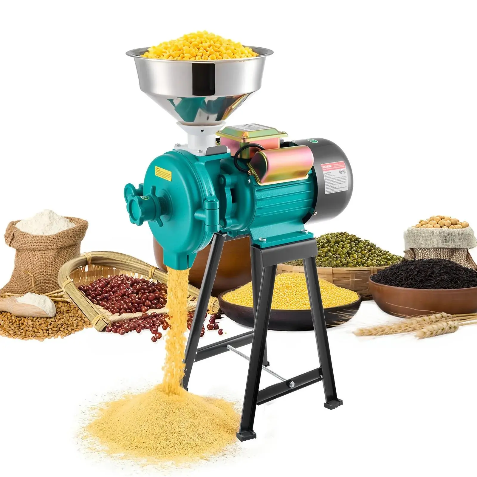【Summerfinds】VEVOR 1500W Cast Iron Electric Grain Mill Grinder, 110 lbs/H Commercial Milling Machine with 1400 rpm Motor, Non-Slip Rubber Feet, for Vents, Labs, Farms (Dry Grains, Spices, Coffee), Stainless Steel