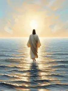 5D Diamond Painting Kit for Adults, Figure Walking on Water at Golden Sunrise, DIY Serene Spiritual Art Craft for Peaceful Religious Home Wall Decor & Gifts