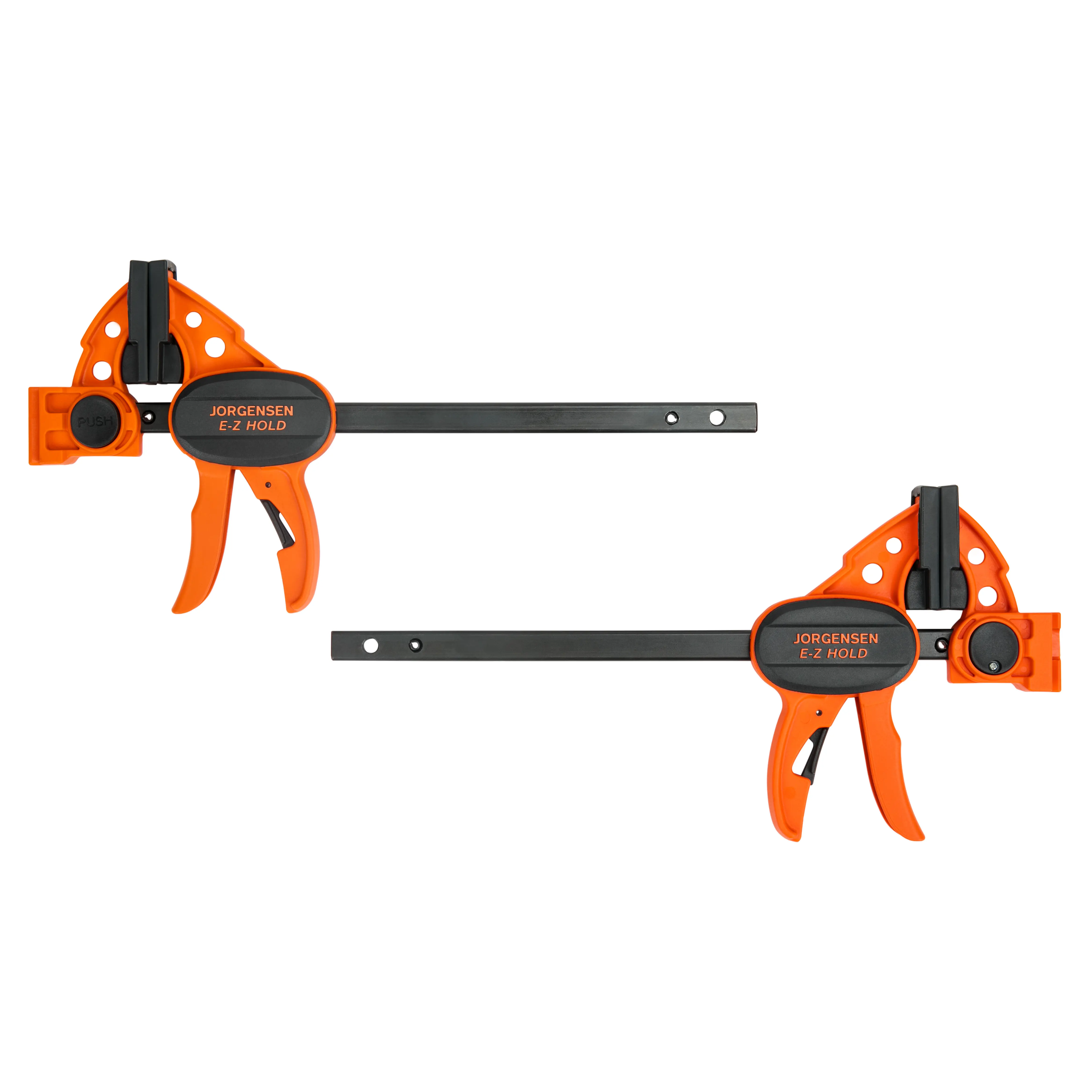 JORGENSEN E-Z Hold 2-Pack 200LBS Light Duty Woodworking Bar Clamps | Expandable F Clamp/Spreader, One-Hand Trigger Clamp, Deep-reach Jaw, Reinforced Nylon, Non-marring Pad, for Glue-up & Repair