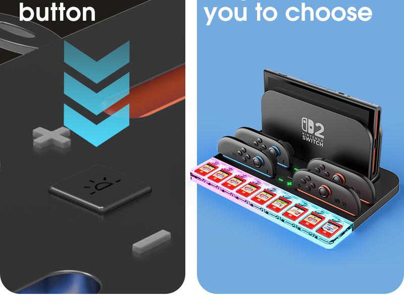 i-Blason Charging Dock Storage Base for Nintendo Switch 2 JoyCon Controllers [9 Game Card Slots] [Ambient Lighting] All-in-one Charging Station Storage Stand Organizer with USB Charging Cable