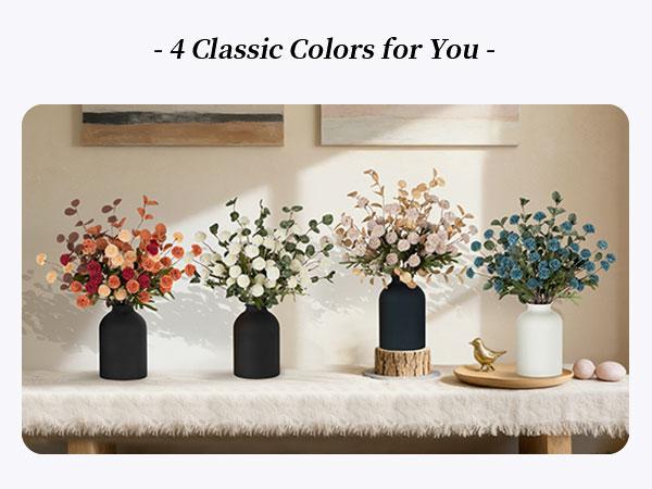 Artificial Flowers in Vase for Centerpieces: Metal Vase with 12 Stems of Artificial Mums Kiku Flowers Eucalyptuses Home Table Decor - White Faux Pom Poms Floral Arrangements for Living Room