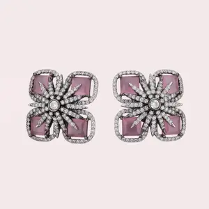 Safa Oxidized Silver With Pink CZ Stud Earrings | Designer Costume Jewelry By Jaipur Rose