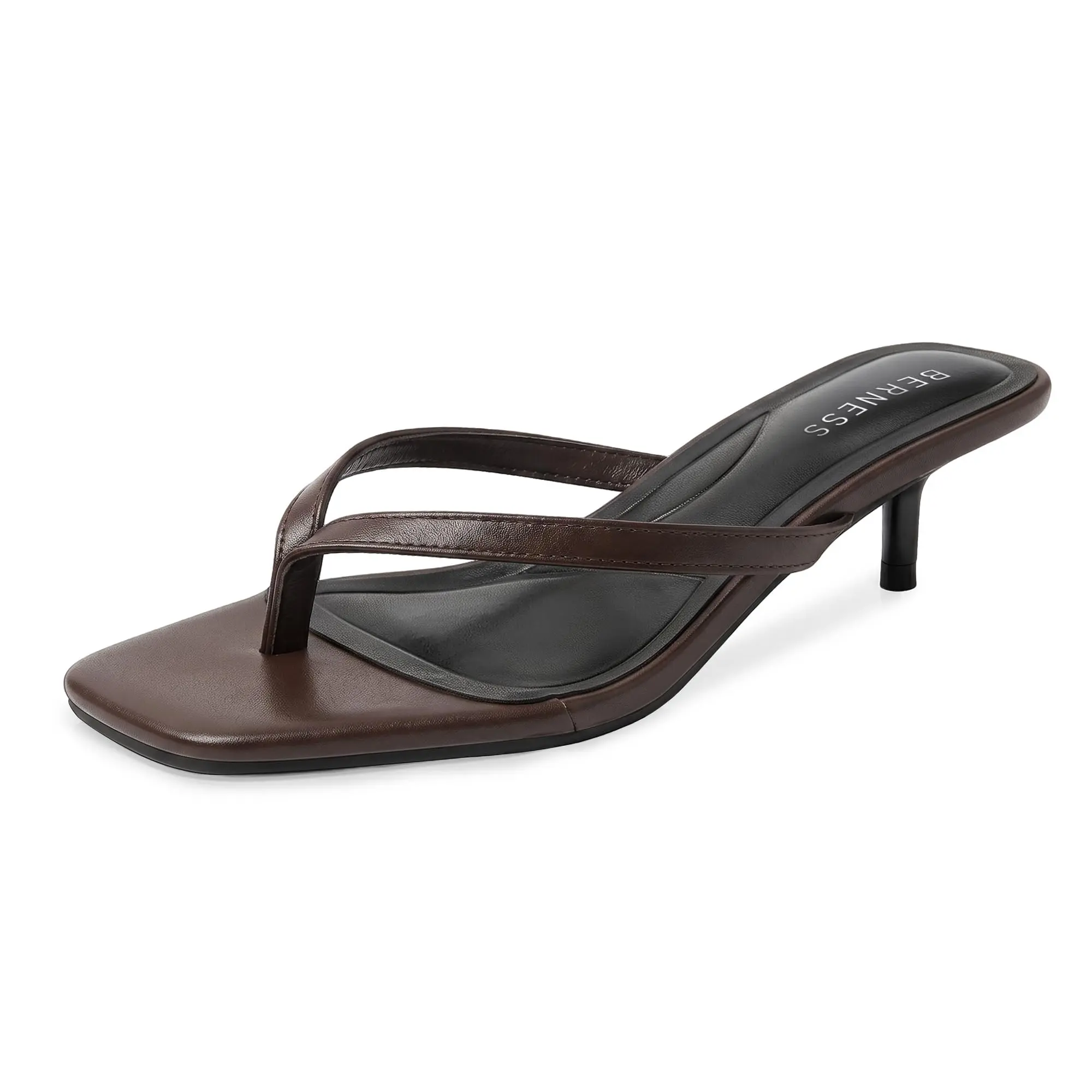 BERNESS Florella Women's Kitten Heels Thong Sandals - Brown PU Leather Backless Mule, Crisscross Straps, Square Toe, Classy Fashionable Leather Sandals with Memory Foam Comfortable Heels for Summer Dresses, Classy Sandals, Backless Mule Sandals