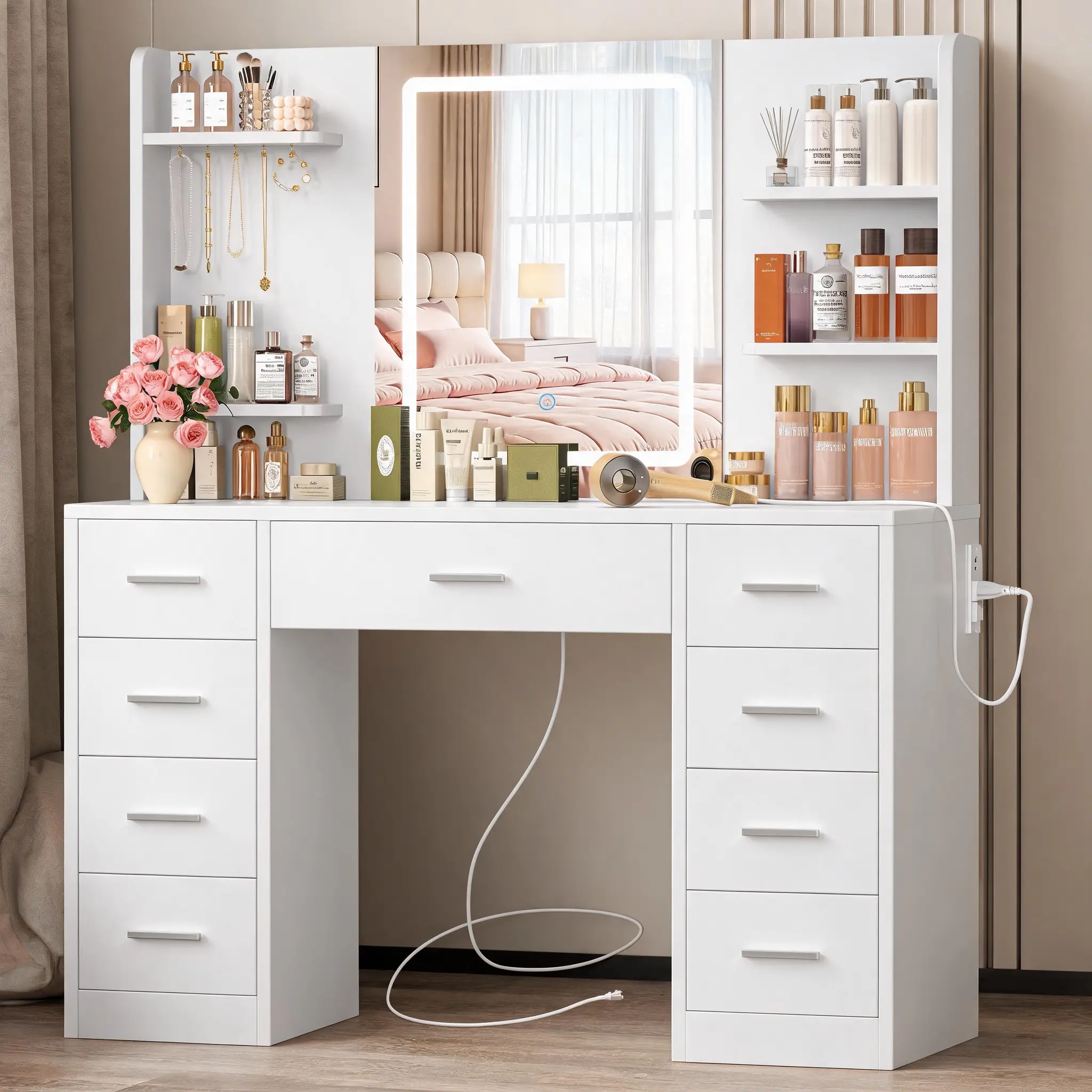 summergarden White 43" Full-Size Stand-Alone Dressing Table - Stylish LED Mirror Vanity with Power Station, 9 Drawers, 6 Open Shelves, Organizing Makeup, Daily Grooming, Indoor Bedroom Furniture, Assembly Required