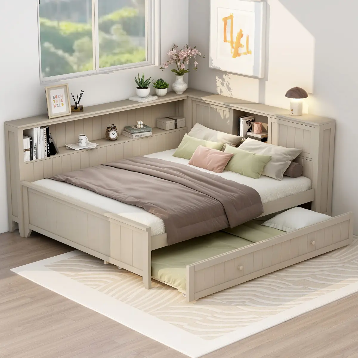 Antique White Full-Size Wood Farmhouse Style Daybed with Twin Trundle Pull-Out Bed, Vertical Lines, Storage Shelves, Sliding Doors, 500lbs/220lbs Capacity, 85.4inL x 64.4inW x 38.6inH - Assembly Required, Ideal for Farmhouse Style Home Decor