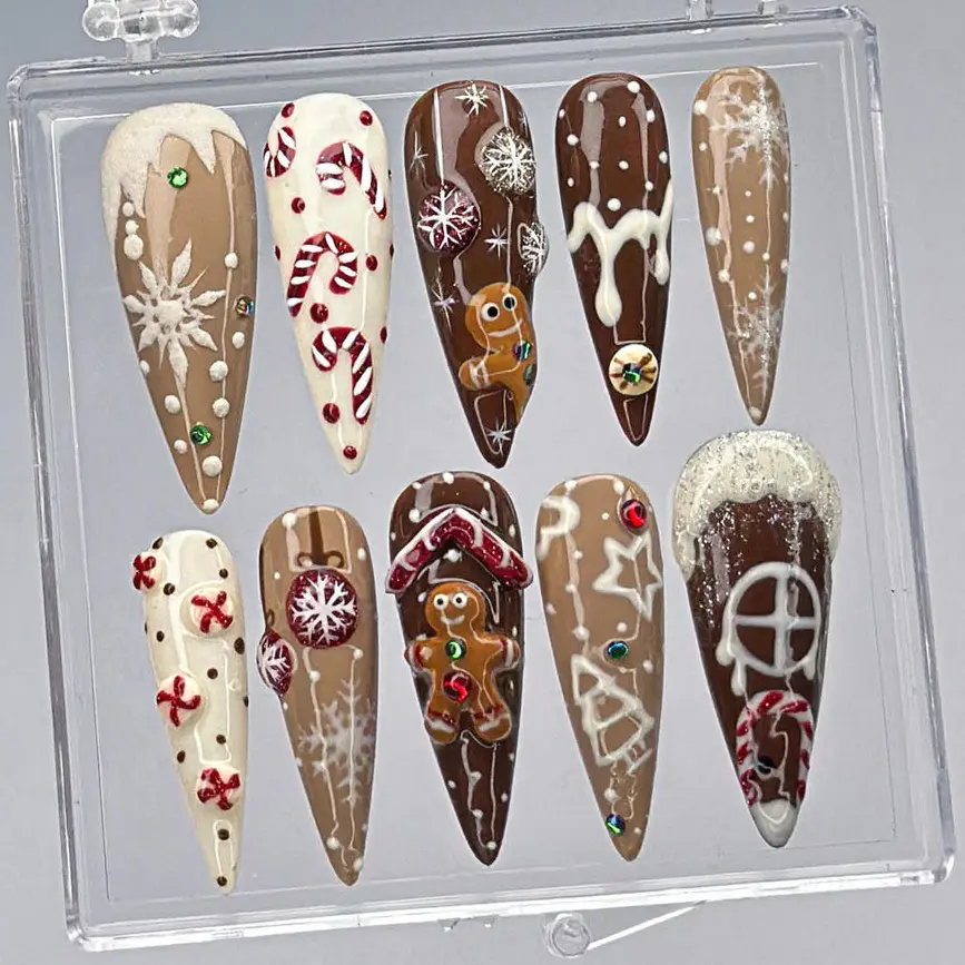 Gingerbread House Christmas Press On Nails, Festive Holiday Nail Art with Candy Canes christmas nails, Christmas-Themed Press-On Nails