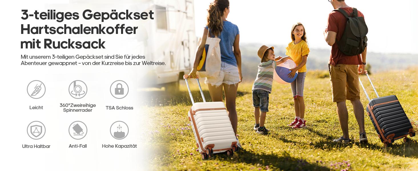 UKEIN 3-Piece Hardside Luggage Set - PC Material, 20In Spinner Wheels Carry On, TSA Lock, Synthetic Fabric, Buckle, Mesh Pockets, Travel Backpack, for Back to School Haul & International Travel