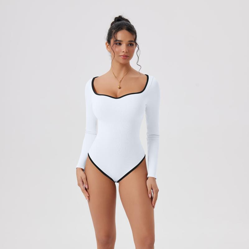 OQQfitness Womenswear Sweetheart LongSleeve Casual Top Fall Fashion Bodysuits Minimalist Contrast Binding Shirt Going Out Basic Outfit