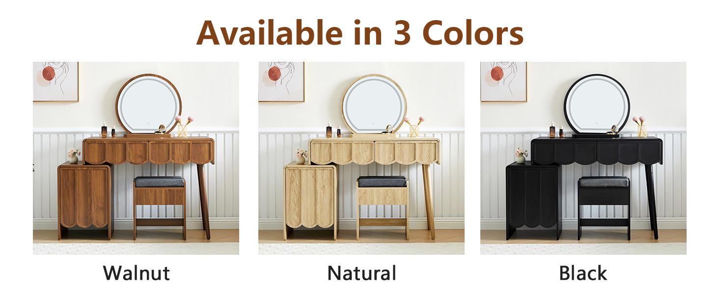 Giratree Vanity Desk with Mirror and Lights, Modern Wood Wave Panel Vanity Desk Set Makeup Table with Drawers and Cabinet, Dressing Table with Storage for Bedroom