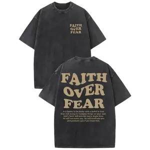 Faith Over Fear leisure T-shirt vintage washed street interlocking letters cotton T-shirt men's T-shirt made from old black wind streetwear, drop shoulder sleeves round neck top short sleeves