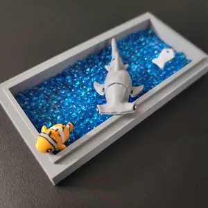 Mini Hammerhead Shark Ocean Desk Scene - Articulated 3D-Printed Hammerhead Shark with Clown Fish Companion, Fish Bones & Micro Glass Beads for Customizable Habitat Display Tray