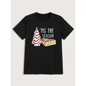 Christmas 'Tis the Season' T-Shirt - Short Sleeve Casual Tee with Cake & Tree Print, Gingerbread Font, Round Neck, Semi-Sheer Holiday Party Shirt
