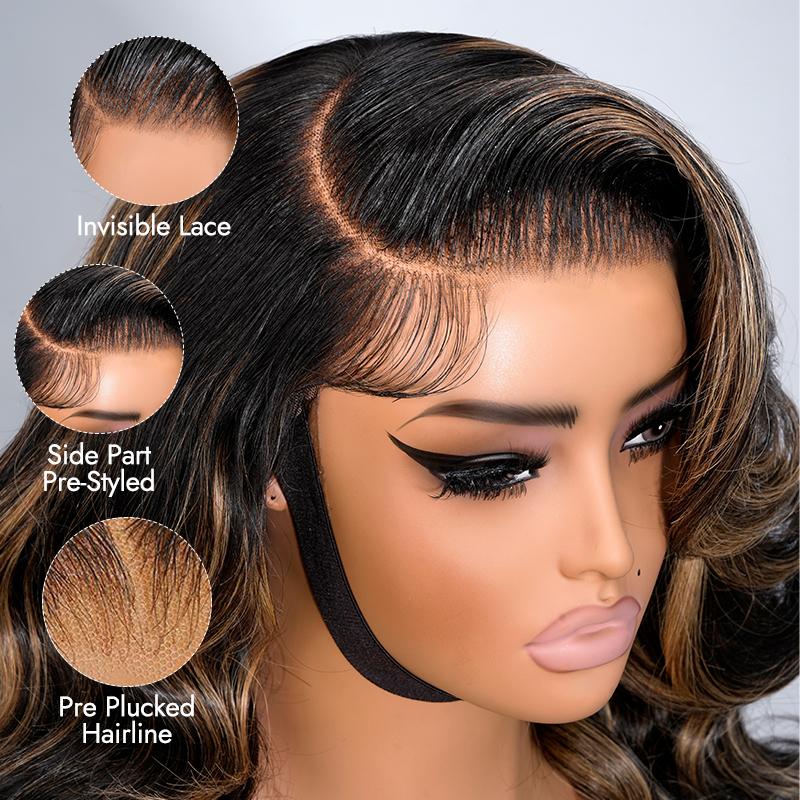 [Updated With Drawstring] Wiggins Hair 250% Density Highlight Blonde Layered Body Wave Glueless Wig 6*8 Lace Closure Wigs Human Hair Pre Cut Lace Pre Plucked Hairline Beginner Friendly