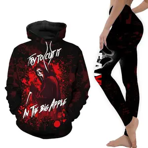 Scream Horror Movie Hoodie and Leggings Set; Ghostface Inspired 3D All Over Print Outfit; Halloween Streetwear Pullover Hoodie; Women Fitness Leggings Set