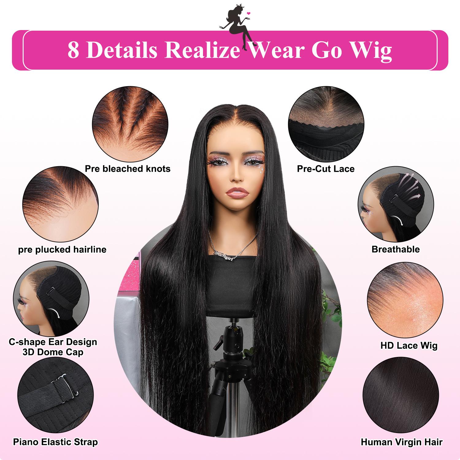 BGMgirl Hair Straight Pre-Bleached Pre Plucked Pre Cut 6*4 & 9*6 HD Lace Wear Go 180% Density Glueless Closure Wig Human Hair Frontal Wig eve valentines day gift SpringStatements