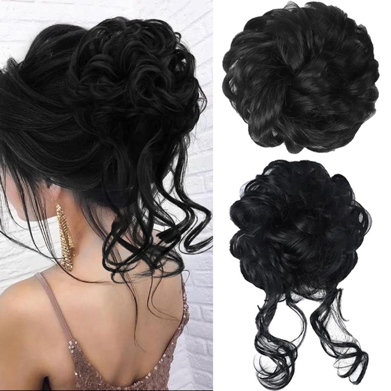 2PCS Large Messy Hair Bun Wavy Curly Scrunchies Synthetic Chignon Ponytail Hair Extensions Thick Updo Hairpieces for Women Girl Party Black