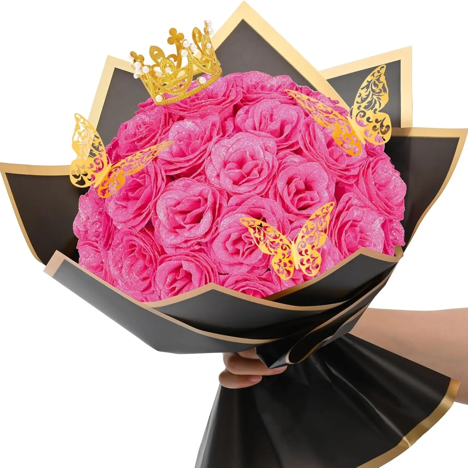 24 Pcs Glitter Roses Bouquet, Valentine's Day Gift Mother's Day DIY Fake Flowers Bouquet, Hot Pink Artificial Bouquets Mixed Flower, Valentines, Anniversary, Engagement, Wedding ,Christmas Decoration, Decorative Artificial Flower, Bouquet Arrangement