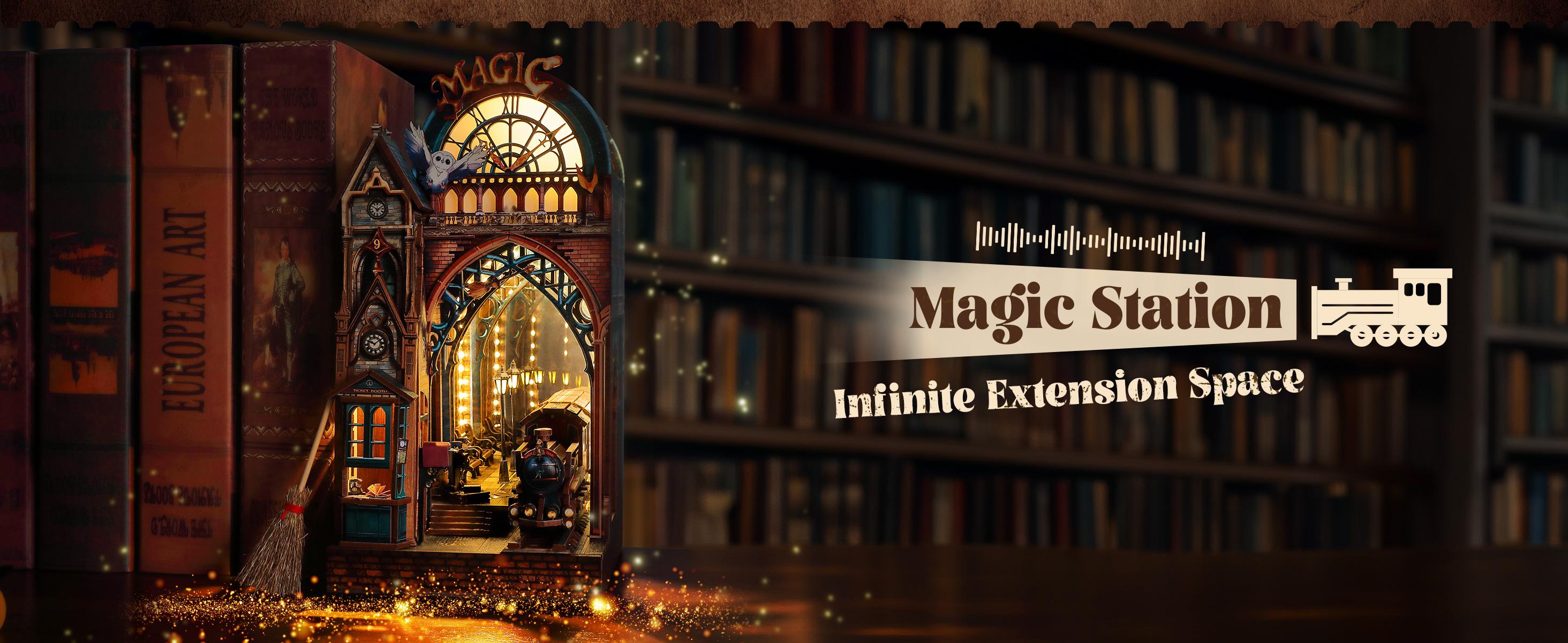 Maquette 3d Bois FUNPOLA LED Puzzle 3D Magique Station Book Nook Kit - Interactif Puzzle 3D En Bois LED Miniature Magique Avec Espace D'extension Infini - Décoration D'étagère à Faire Soi-même Beauty