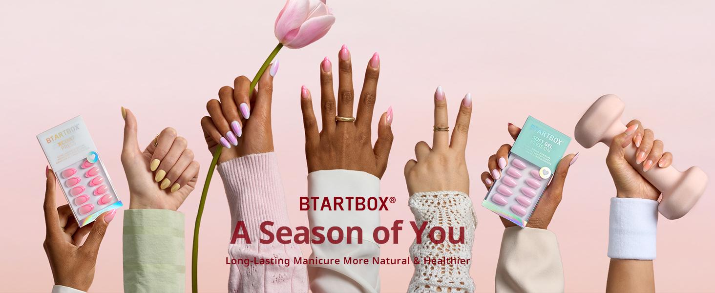 BTArtbox Press On Nails - Season of you Pastel Short Press On Nails with Glue for Women, Square or Almond Opaque Soft Gel Glue On Nails in 16 Sizes - 32 Stick On Nails Kit