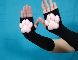 Pink Mochi Stuffed Plush Paw Pads on Black Fingerless Gloves