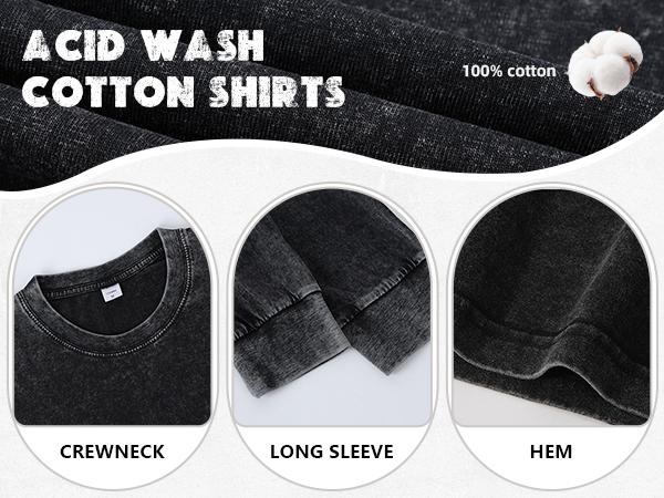 Gihuo Unisex Oversized Sweatshirt for Men Women Vintage Loose Fit Cotton Pullover Crewneck Baggy Acid Wash Long Sleeve Basic T-Shirt for Casual Wear Y2K