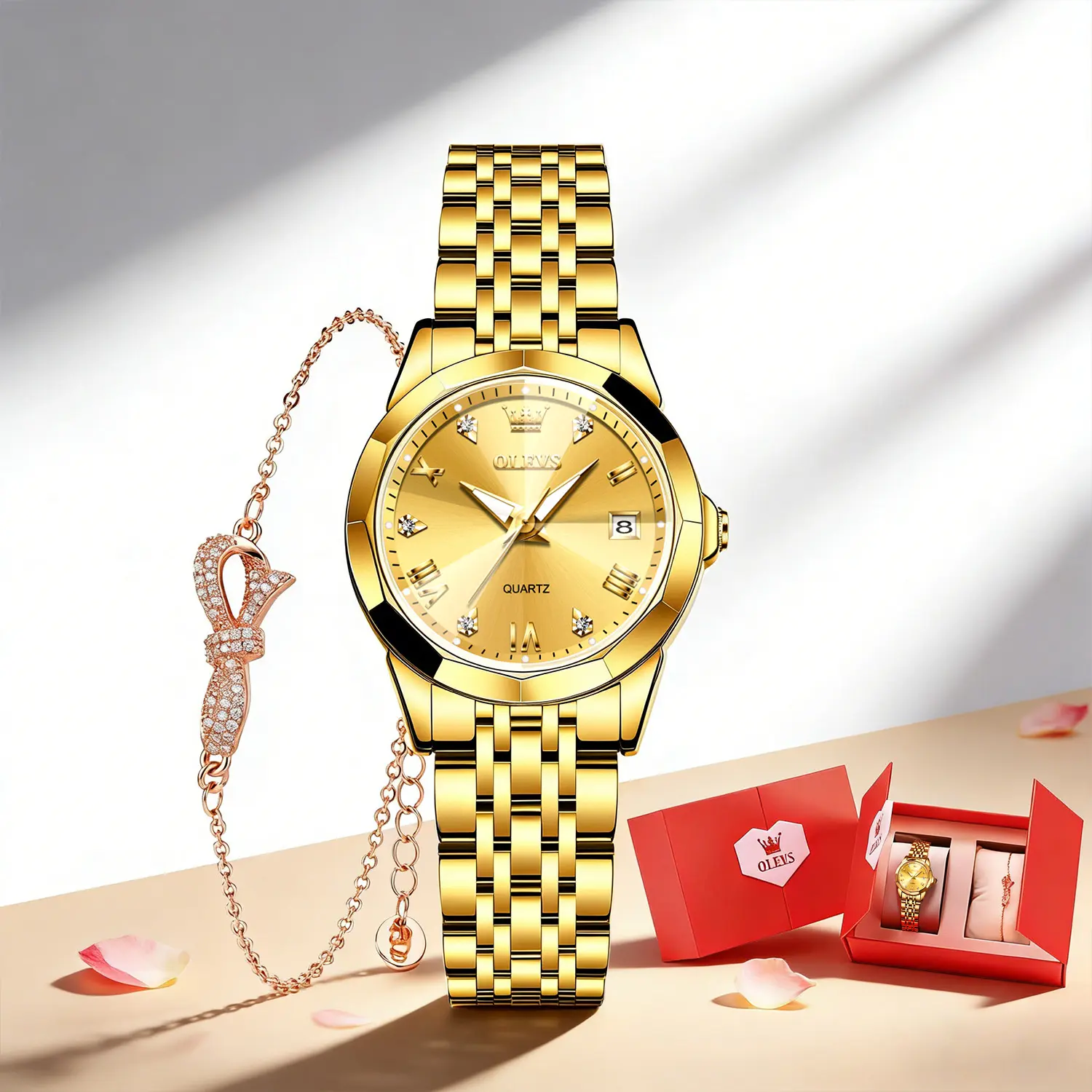 OLEVS L9931 Women's Elegant Fashionable Quartz Watch Gold Stainless Steel Link Bracelet Waterproof Luminescent Analog Round Dial Roman Numerals rhinestone Watch Calendar Set  fashion Jewelry Birthday Christmas Gift Box Set for Women Ladies
