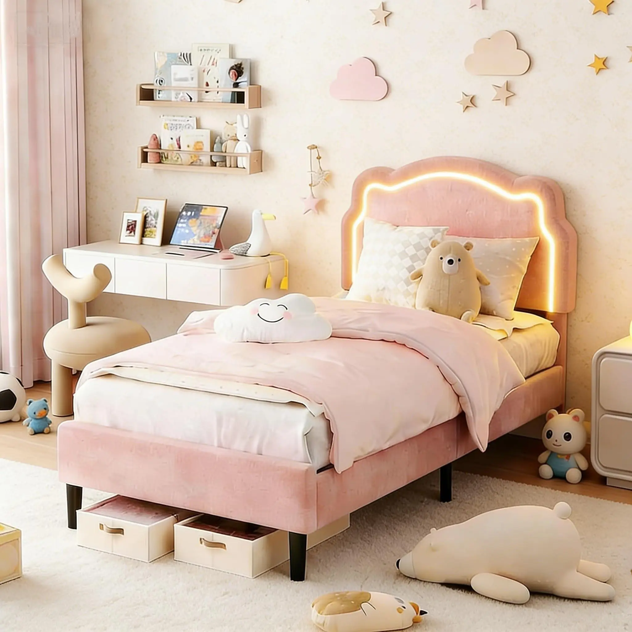 Gaomon Twin Velvet Upholstered Single Bed Frame - Girl-Focused Indoor Bed with Smart LED Lights, Adjustable Bear Headboard, Metal & Wooden Slats Support, 650 lbs Capacity, No Box Spring Needed, Easy Assembly, Durable Furniture, Upholstered Bed Frame, Prin