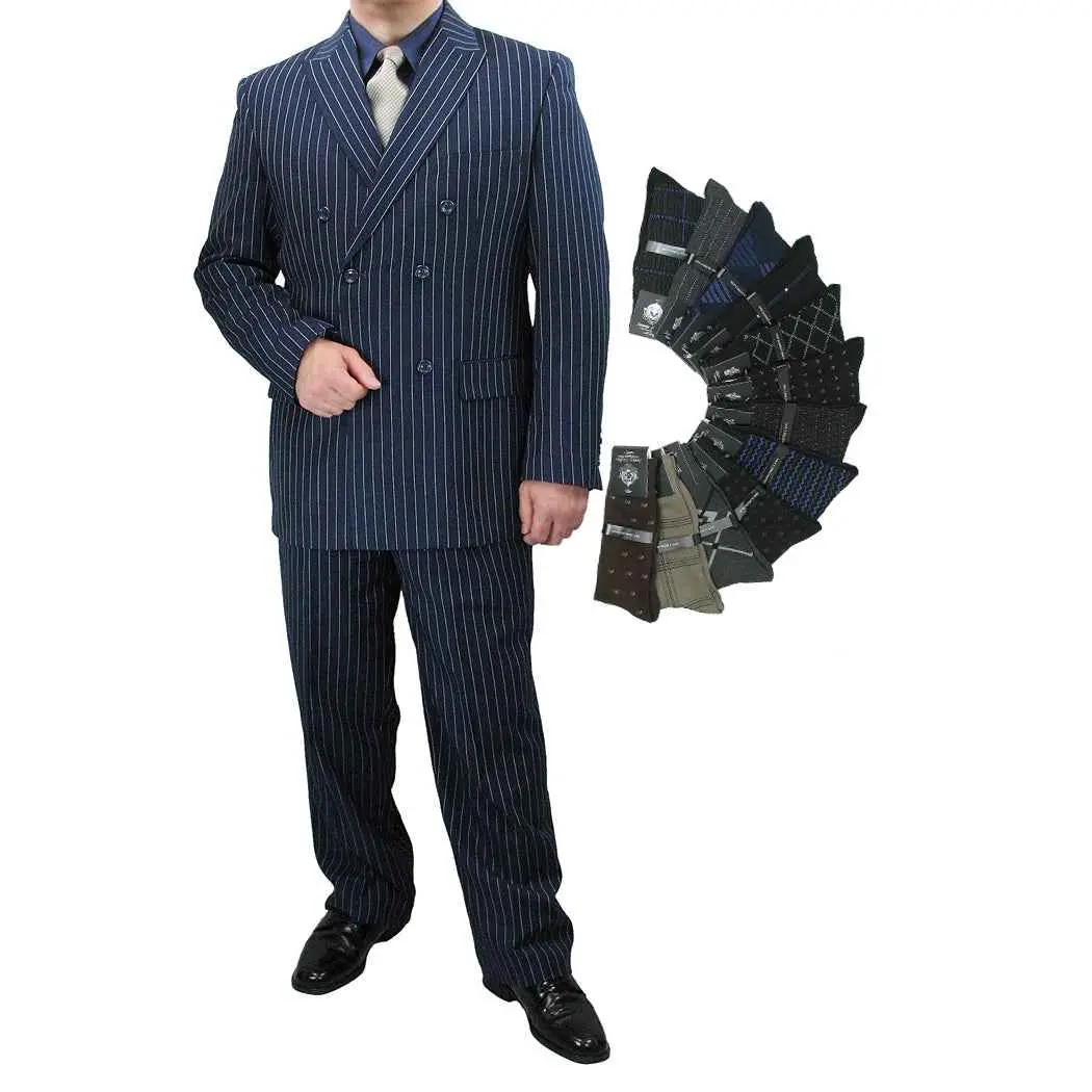 Luxurious Men's Double-Breasted Gangster Stripe Suit Blue
