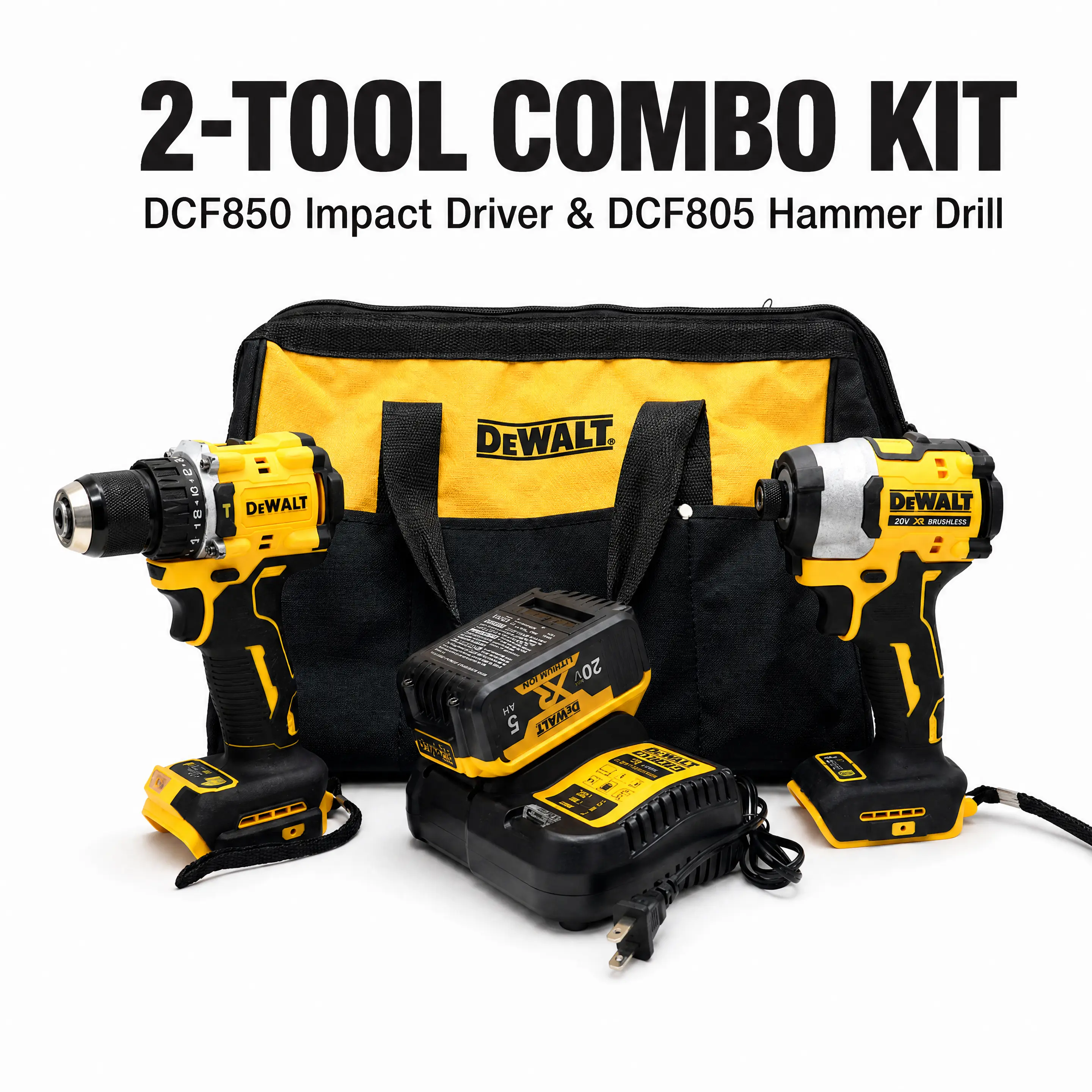 DEWALT DCF850 & DCF805 Combo Kit - Impact Driver, Drill Set with Tool Bag for Professional Contractors, Construction Work square drive industrial outdoor survival diy home improvement rapid charger secure grip lug nut remover light weight homedecor homede