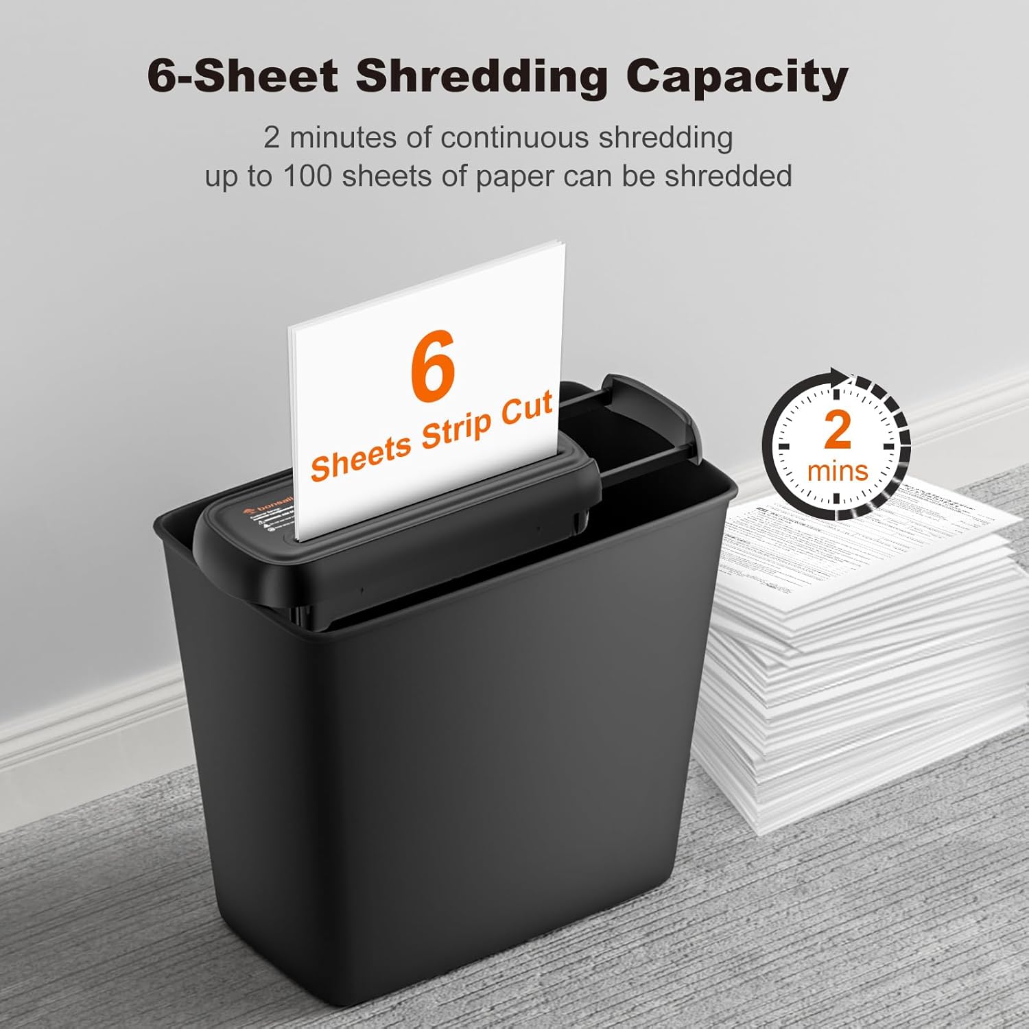 Bonsaii Paper Shredder for Home Use, 6 Sheet Strip Cut Small Paper Shredder Without Basket, Portable Shredder Extendable Arm Design (S123-B)