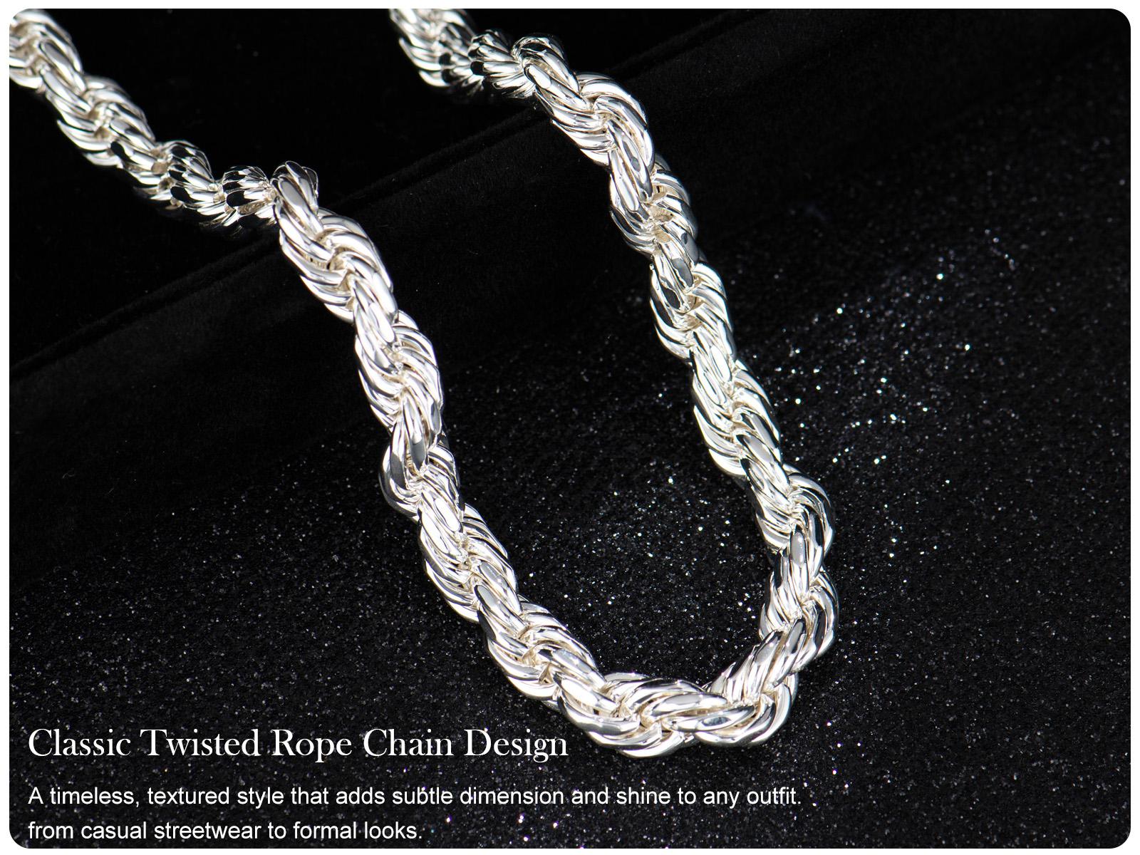 Pure Silver Plated Rope Chain ,10X Thicker Silver Coating with Nano Anti-Tarnish Layer, Hypoallergenic Flexible Soft Link Jewelry