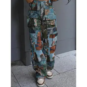 Women's Patchwork Art Print Pocket Cargo Pants, Casual Street Trousers for Daily Wear, Ladies Bottoms for All Seasons, Baggy Pants