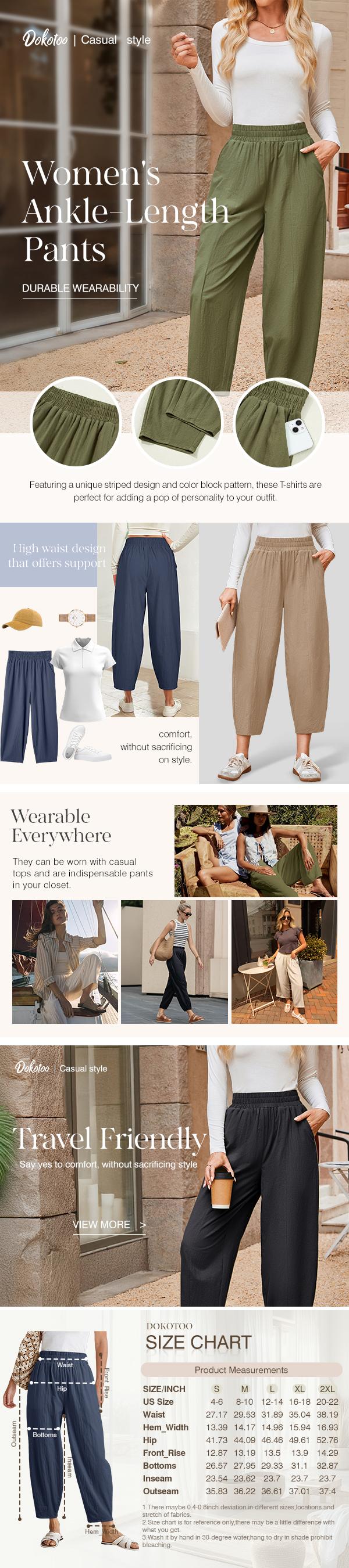 Dokotoo Womens Cotton Baggy Wide Leg Pants Casual Elastic Waisted Loose Lounge Harem Pants with Pockets