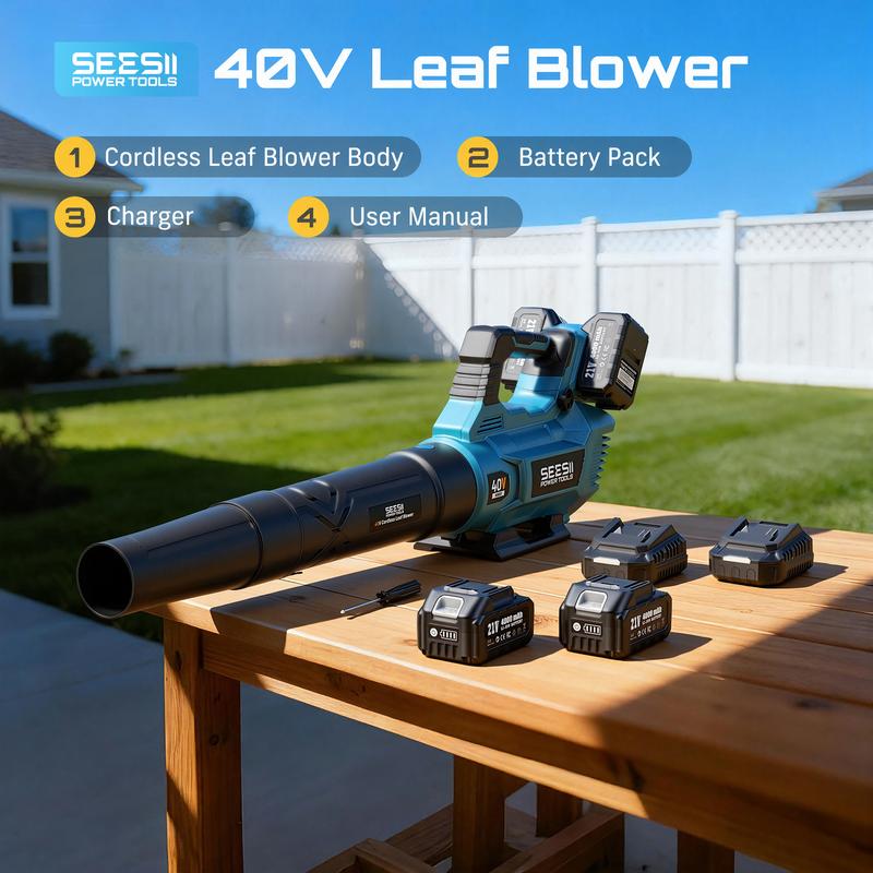 SEESII 40V Cordless Leaf Blower with 680CFM/210MPH Brushless Motor, 2x 4000mAh Batteries & 2 Chargers, Variable Speed & Turbo Button for Lawn Care & Debris Removal