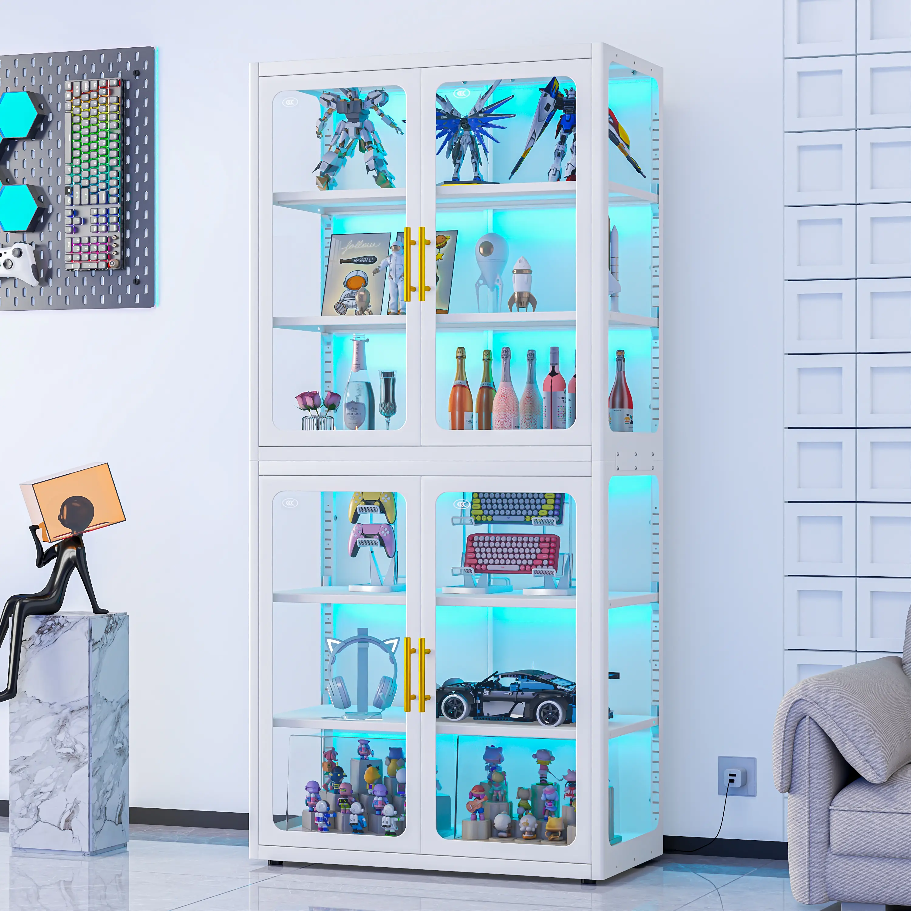 Display Cabinet with Glass Doors, 6-Tier 67" Curio Cabinet with Multi-Color LED Lights and 4 Adjustable Shelves, Glass Display Case for Collectibles, Bookcase,Metal Storage Cabinets