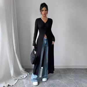 Women's Cardigan Long Sleeve V-Neck Button Front Floor Length Longline Maxi Sweater Fitted Knit Layering Cardigan for Casual lightweight cardigan