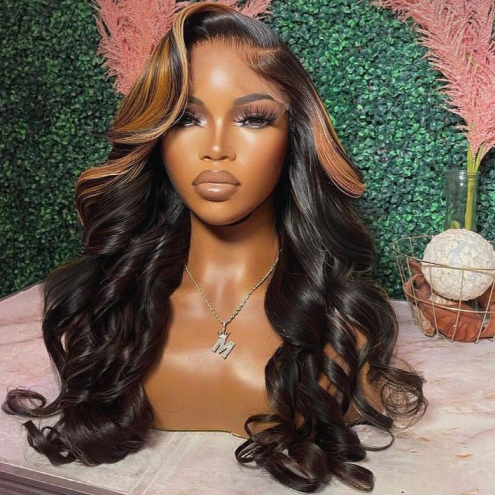 KEPHARE Wear and Go Glueless Wigs 100% Human Hair Body Wave With Honey Blonde Highlights 5x5 HD Lace Pre Plucked Pre Cut Lace Closure Wigs for Black Women 180% Density Natural Black With Skunk Stripe KEPHARE HAIR