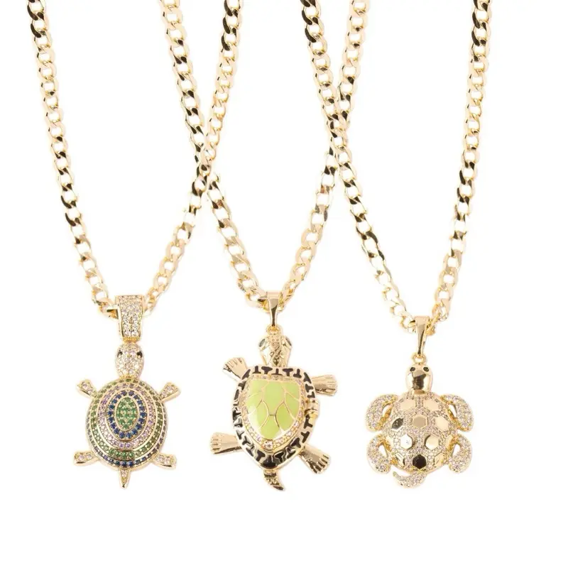 14K Laminated Gold Turtle Necklace Set 3mm Cuban Chain 16 18 20 Options for Men Women