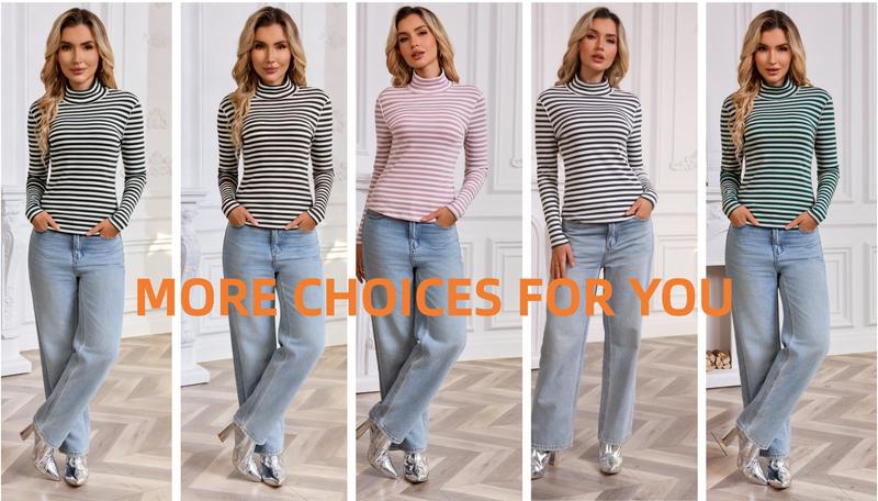 Ebossy Women's Slim-Fit Striped Turtleneck Long Sleeve Top Soft Stretch Fabric Back Detail Basic Layering Shirt for Casual Daily Work Outfits