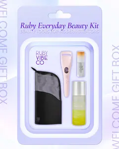 [RUBY VIBE CO] Everyday Beauty Kit Makeup Tools & Lip Oil Set with Heated Lash Curler, Makeup Remover & Brush Organizer