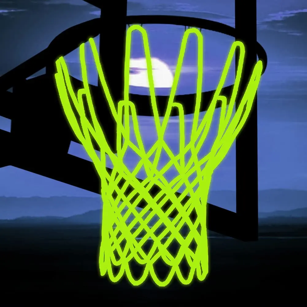 Glow in the Dark Basketball Net - Heavy-Duty Nylon, Sun-Powered Light Emitting, Anti-Whip 12-Loop Standard Design, Weather Resistant for Outdoor Campus Park Use, Easy Install for Youth (Green, Fluorescent Components)