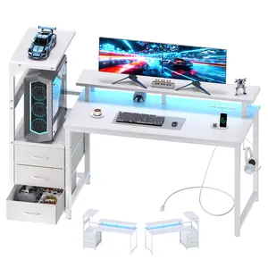 Computer Desk with 3 Drawers, LED Lights & Power Outlets, Side Storage Shelf Gaming Desk, Modern Home Office Desk for Bedroom Study