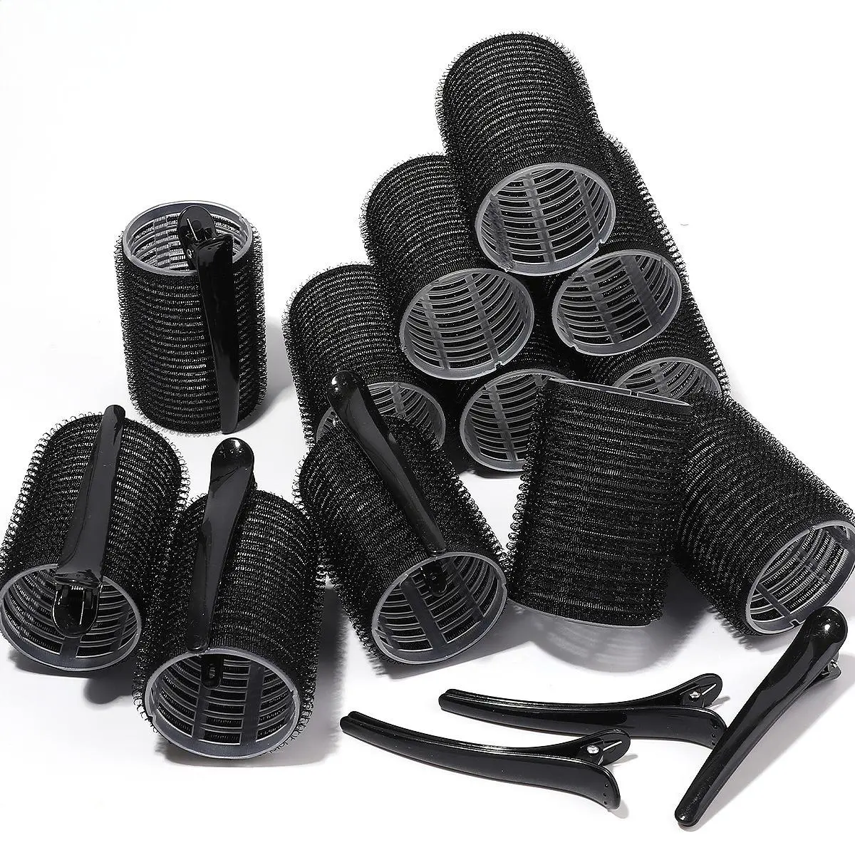 18PCS Black Hair Rollers Set – No Heat Volume Curlers for Blowout & Fringe Styling, Easy At-Home Hair Styling for Work, Date & Holiday Looks comb