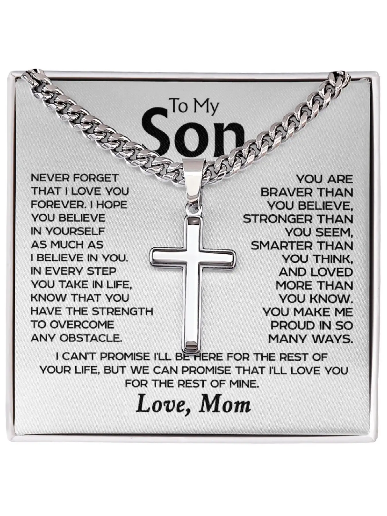 To My Son Stainless Steel Cross Chain Necklace Faith Pendant Necklace with Message Card and Gift Box Mom To Son, Graduation Gift, Birthday, Christmas, Inspirational, Love You Forever, Necklace Jewelry, Dainty Cross Necklace