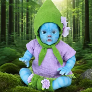 10 Inch Fantasy Reborn Baby Doll - Avatar Style Blue Skin Elf Baby Doll with Green Hood & Purple Outfit, 25cm Lifelike Collectible Doll for Kids & Collectors