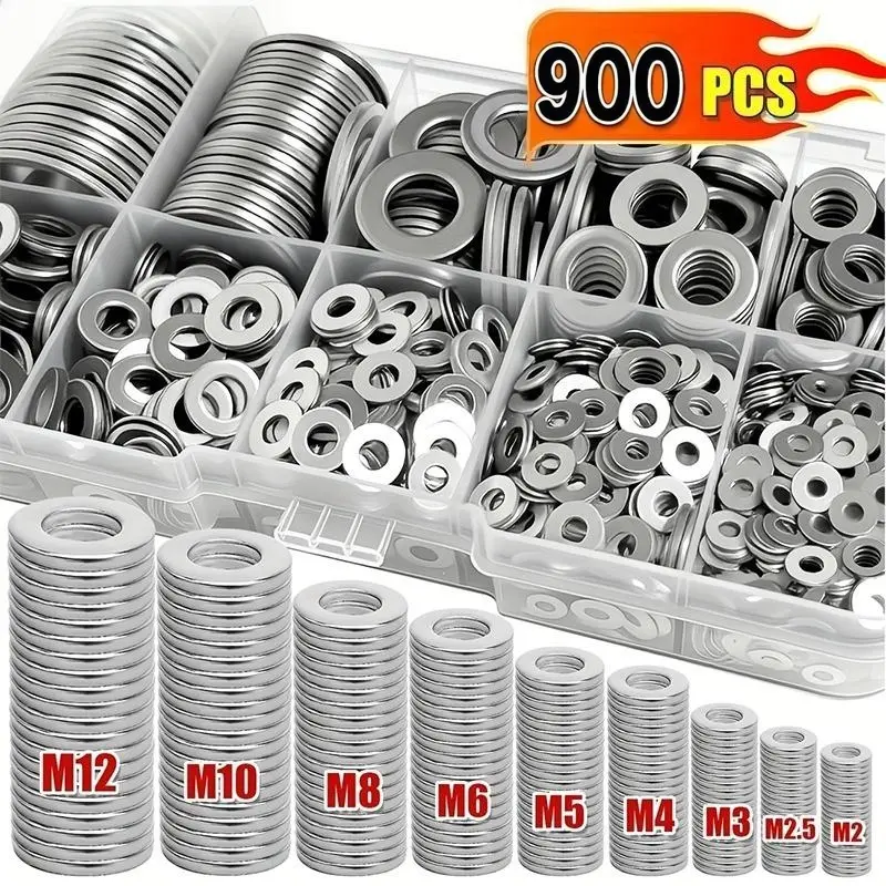 900-Piece 304 Stainless Steel Washer Set - Includes Fender Washers & Lock Washers in Sizes M2, M2.5, M3, M4, M5, M6, M8, M10, M12 – Perfect for Home Improvement and Automotive Projects